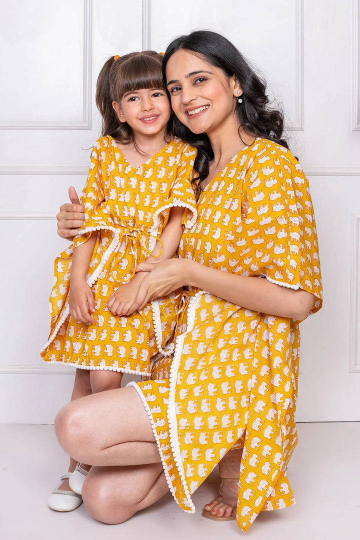 Mommy & Me Matching Set: Mustard Rabbit Kaftan & Shorts