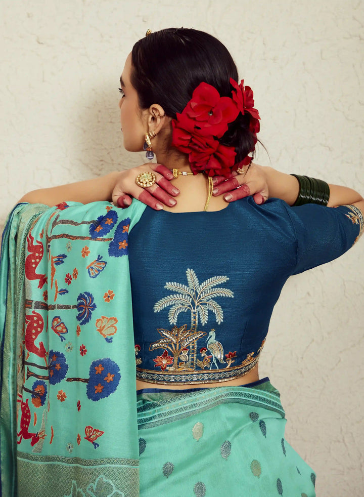 Sophisticated Sea Green Silk Saree - Embroidered Silk Blouse Combo