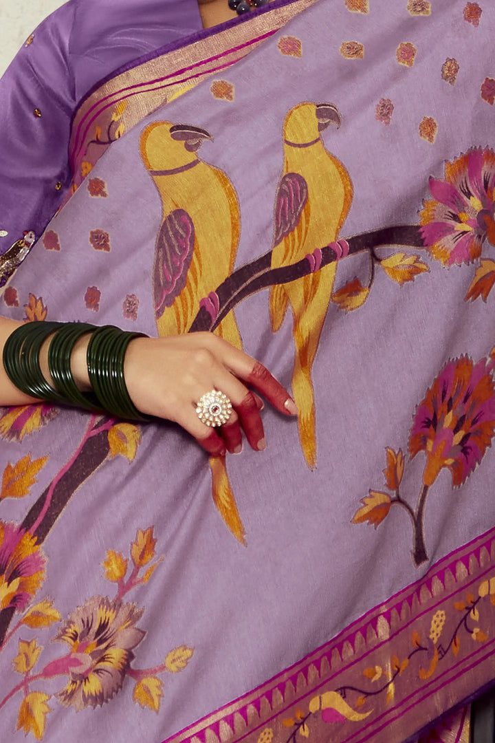 Timeless Lavender Silk Saree with Dupion Blouse & Embroidery Work
