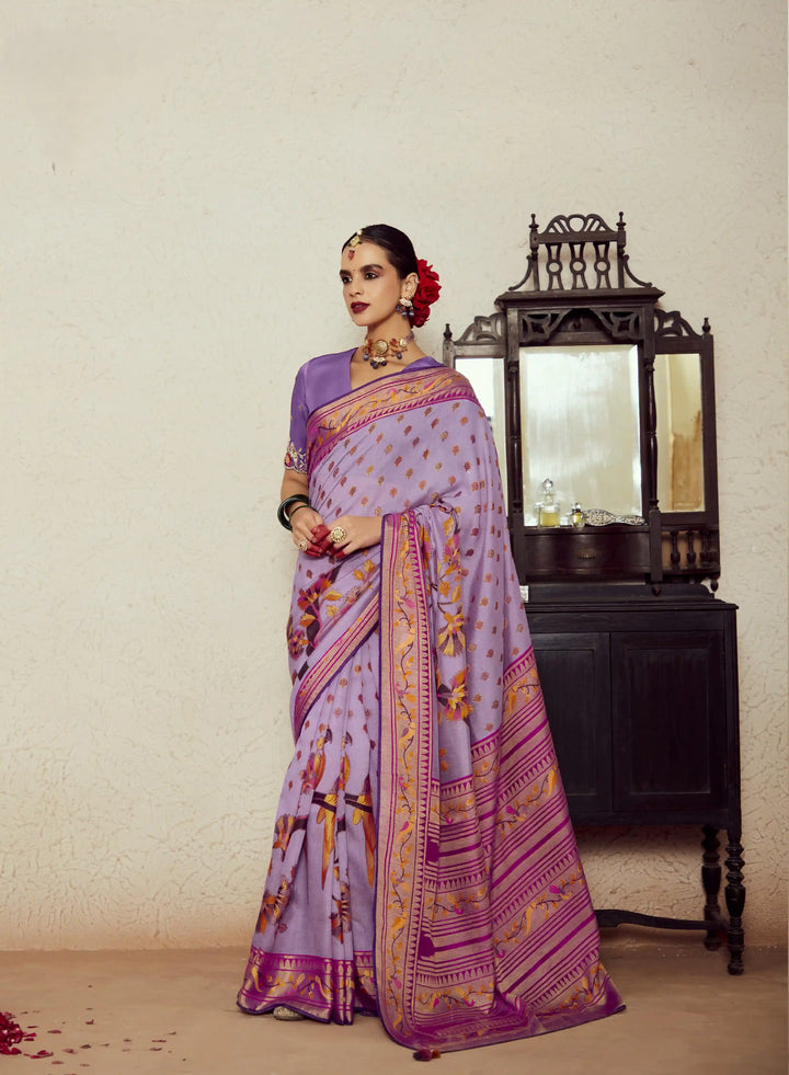 Timeless Lavender Silk Saree with Dupion Blouse & Embroidery Work