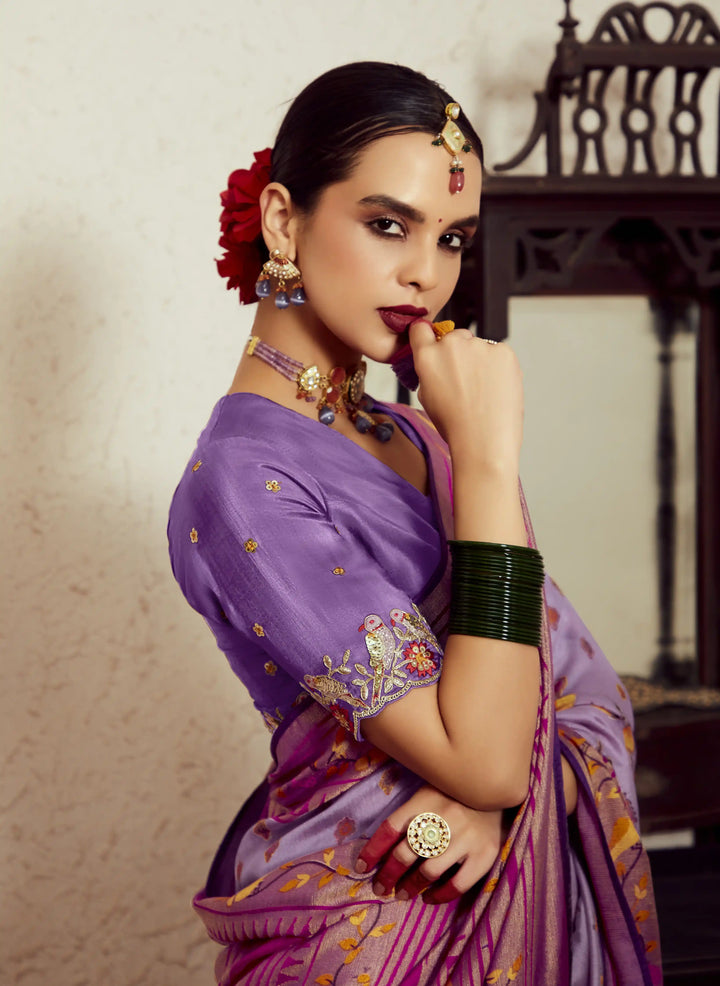 Timeless Lavender Silk Saree with Dupion Blouse & Embroidery Work