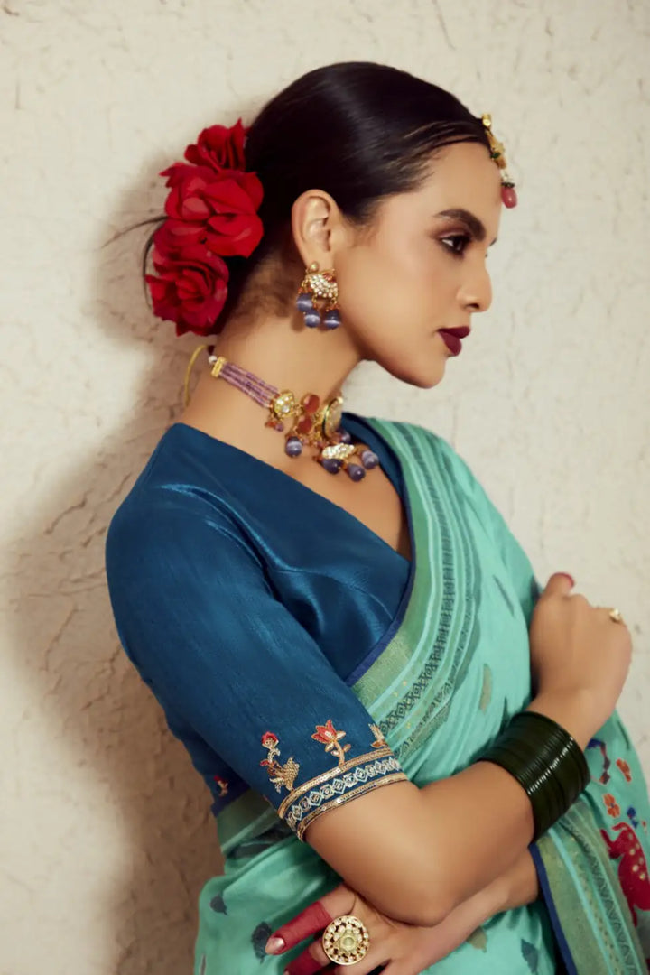 Sophisticated Sea Green Silk Saree - Embroidered Silk Blouse Combo