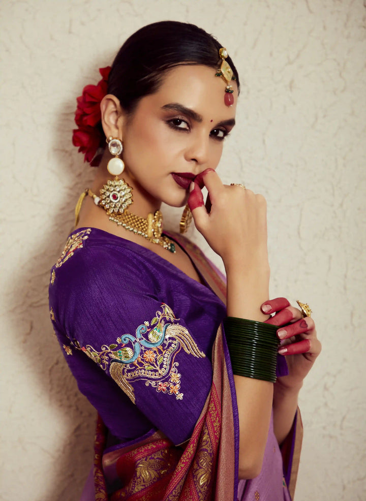 Purple Silk Saree with Dupin & Silk Blouse – Embroidery Work