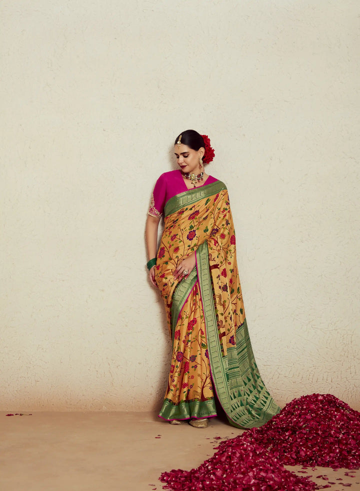 Chic Mustard Silk Saree with Dupin Blouse & Stylish Embroidery Work