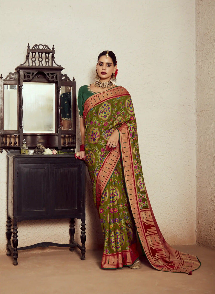 Exclusive Dusty Green Silk Saree with Elegant Embroidery