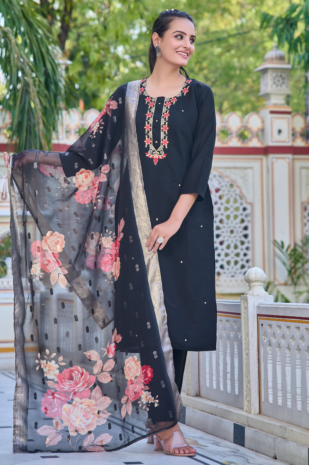 Black Chanderi Kurta Pant | Jacquard Dupatta for Festive Wear