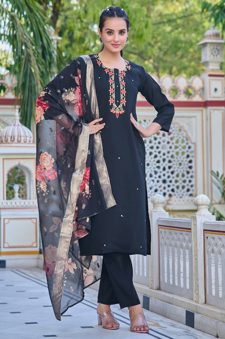 Black Chanderi Kurta Pant | Jacquard Dupatta for Festive Wear