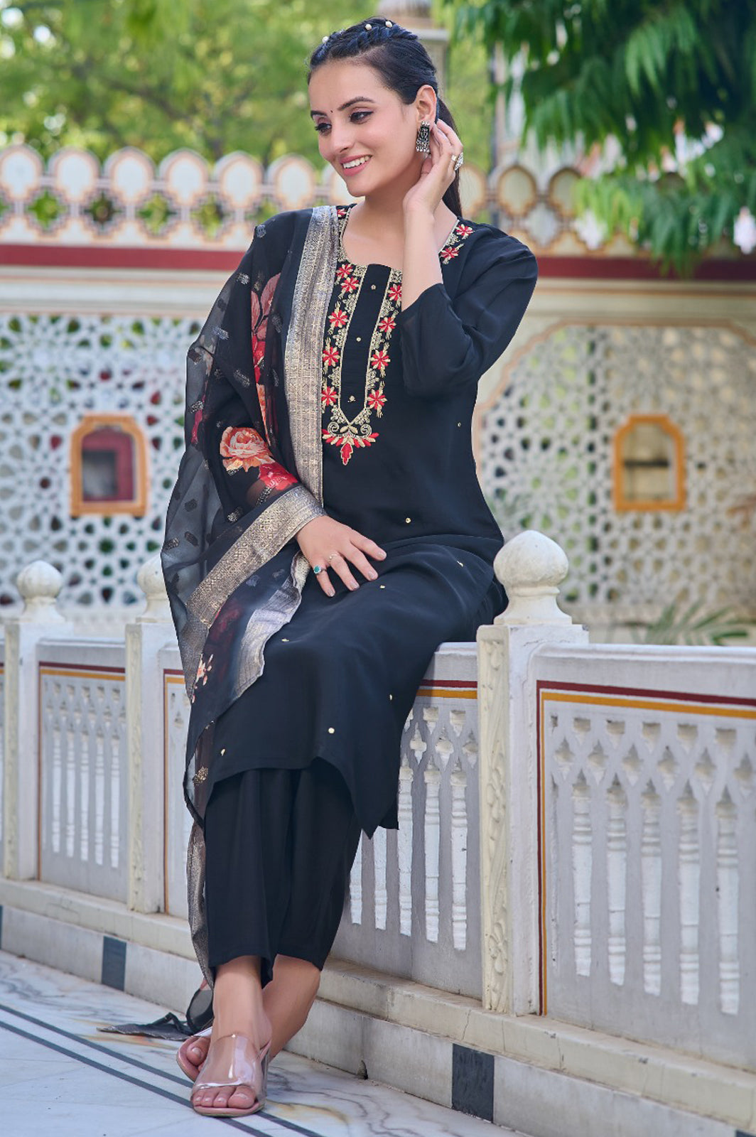 Black Chanderi Kurta Pant | Jacquard Dupatta for Festive Wear