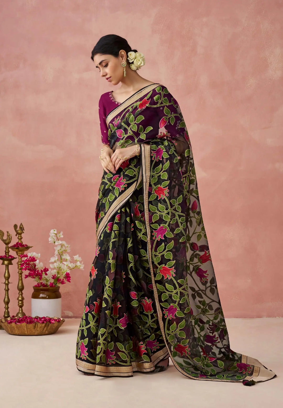 Premium Dark Green Organza Saree with Rich Printed Work
