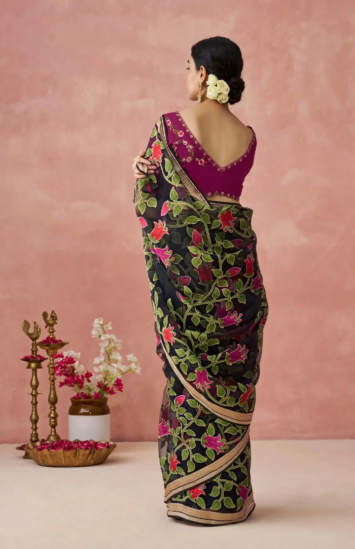 Premium Dark Green Organza Saree with Rich Printed Work
