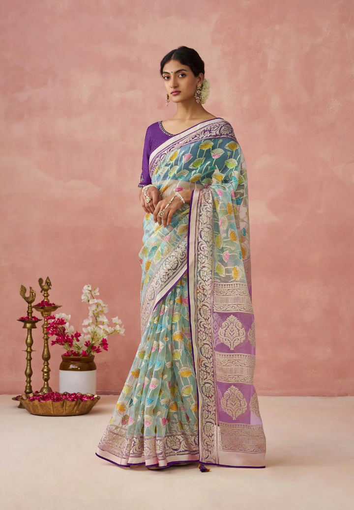 Charming Organza Saree in Sky Blue with Banglori Silk Blouse"