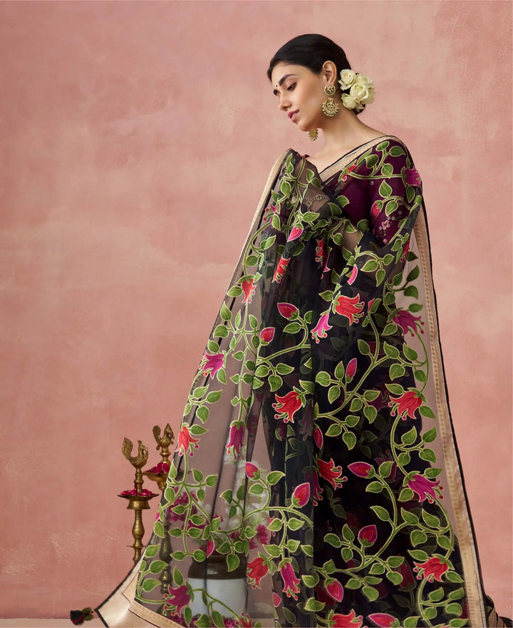 Premium Dark Green Organza Saree with Rich Printed Work