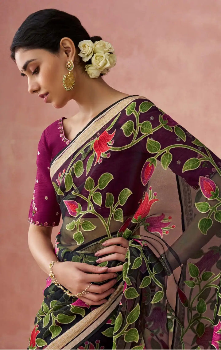 Premium Dark Green Organza Saree with Rich Printed Work