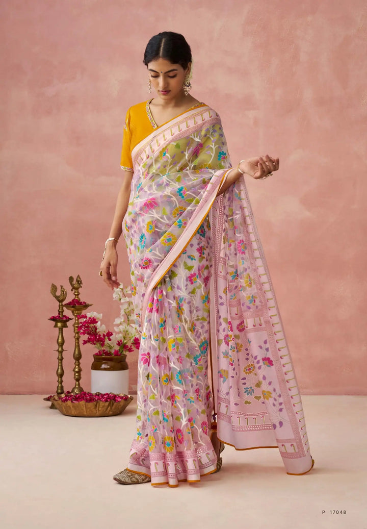 Organza Pink Saree with Printed & Piping Work – Festive Special