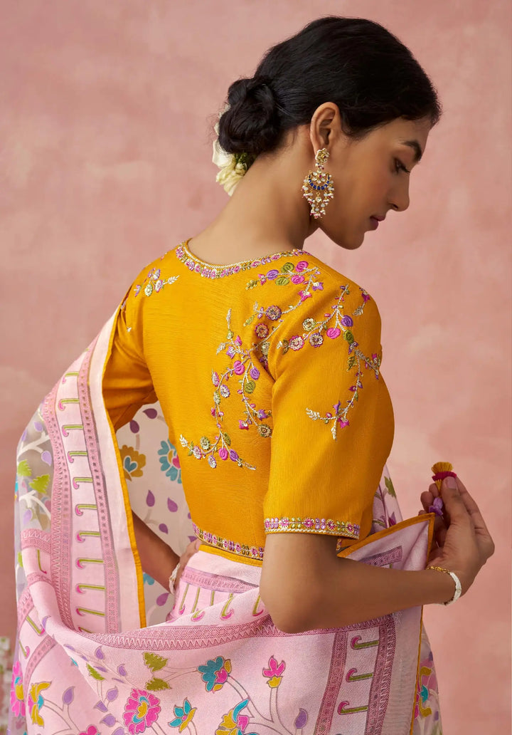Organza Pink Saree with Printed & Piping Work – Festive Special