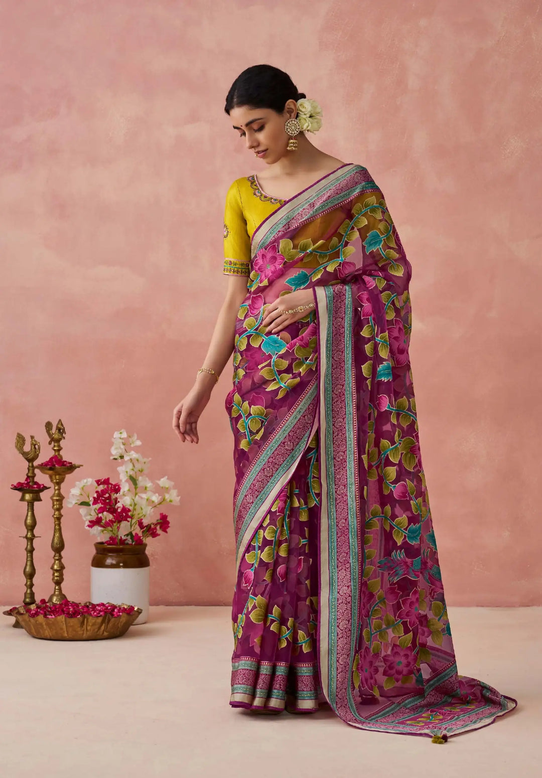 Trendy Wine Saree with Printed & Piping Work Blouse