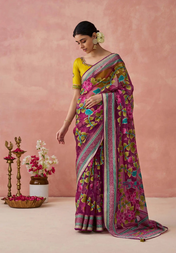 Trendy Wine Saree with Printed & Piping Work Blouse