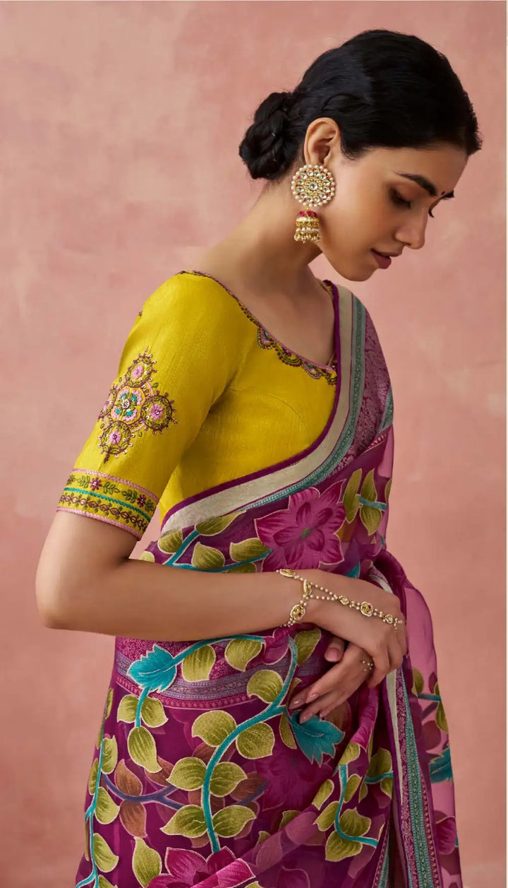 Trendy Wine Saree with Printed & Piping Work Blouse