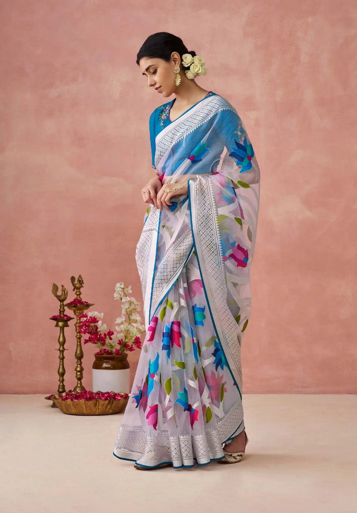 Premium Organza Saree in Blue with Stylish Printed Detailing