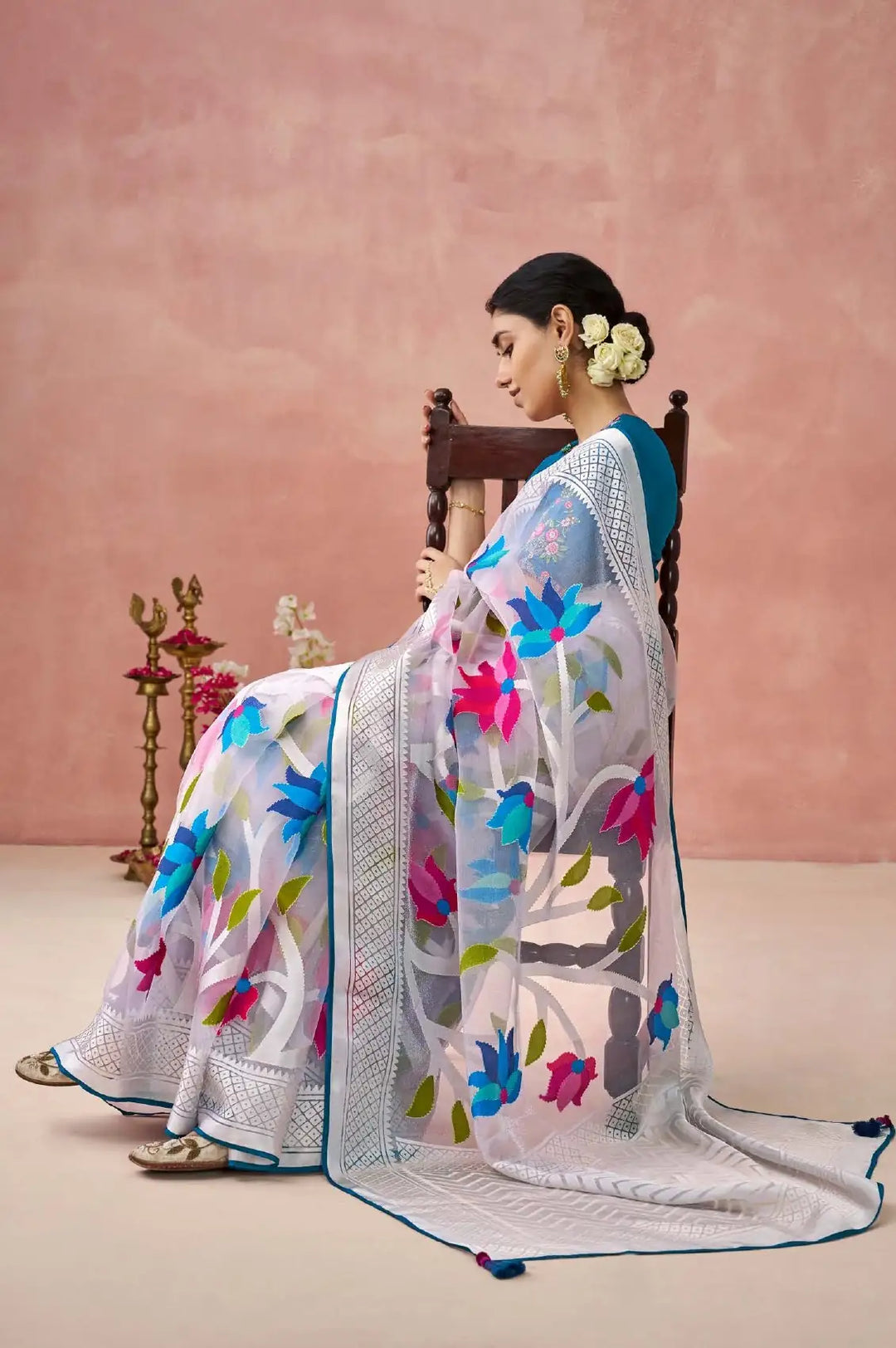 Premium Organza Saree in Blue with Stylish Printed Detailing