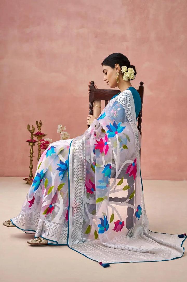 Premium Organza Saree in Blue with Stylish Printed Detailing