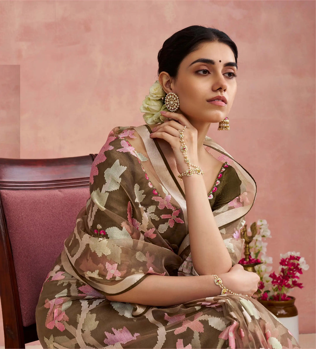 Stylish Organza Saree in Brown with Silk Blouse