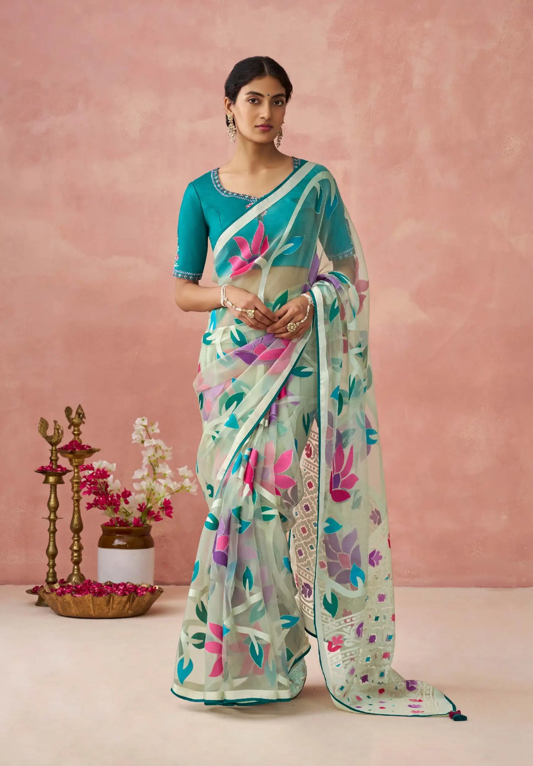 Ethnic Light Green Saree with Printed Detailing