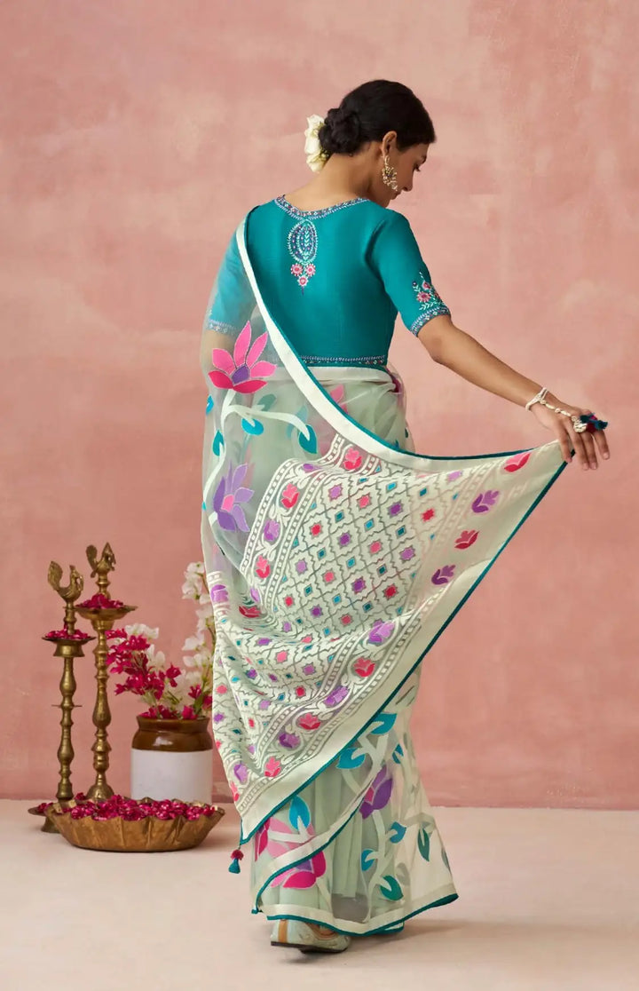 Ethnic Light Green Saree with Printed Detailing