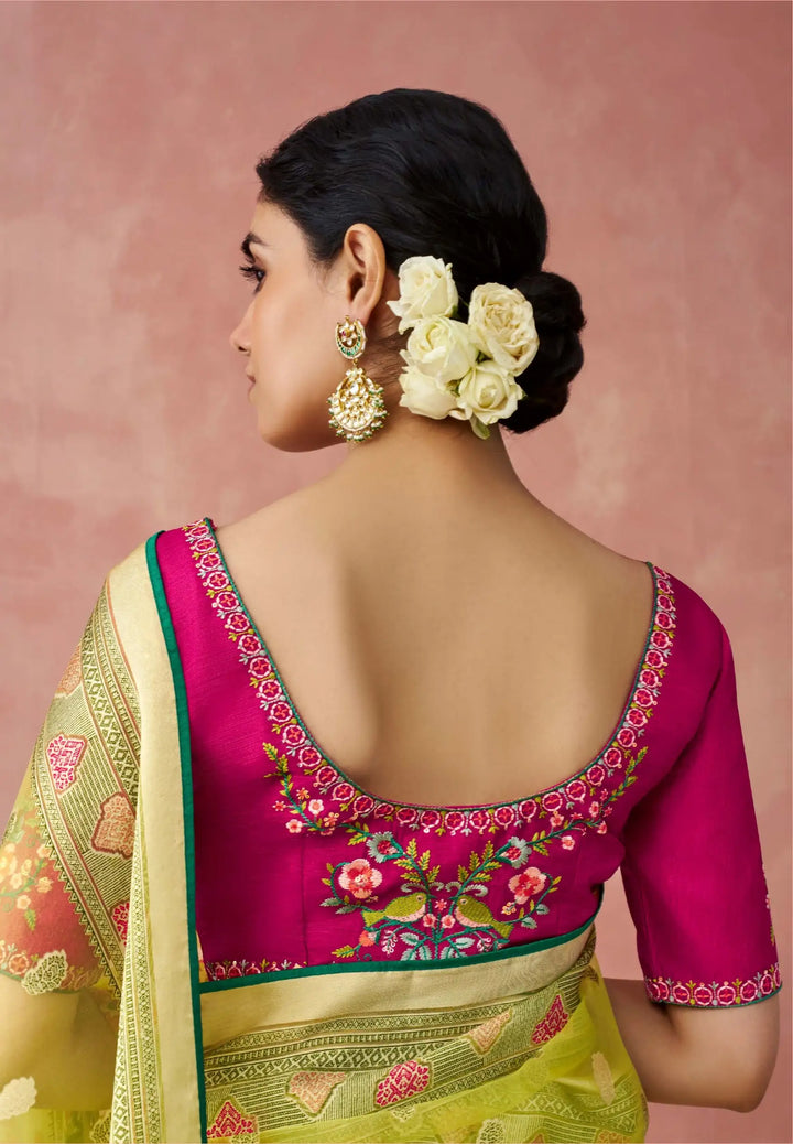 Chic Lime Organza Saree with Bold Printed Banglori Silk Blouse