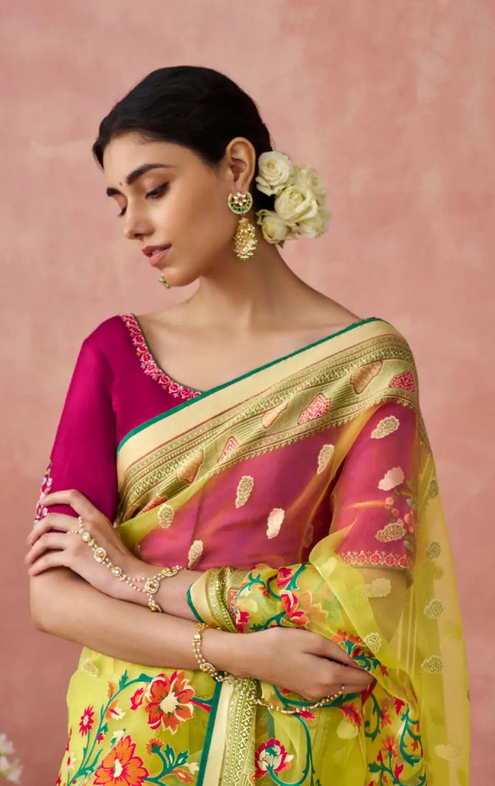 Chic Lime Organza Saree with Bold Printed Banglori Silk Blouse