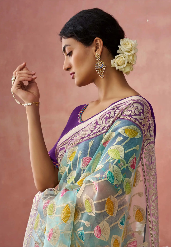 Charming Organza Saree in Sky Blue with Banglori Silk Blouse"