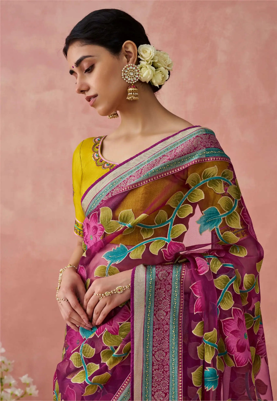 Trendy Wine Saree with Printed & Piping Work Blouse