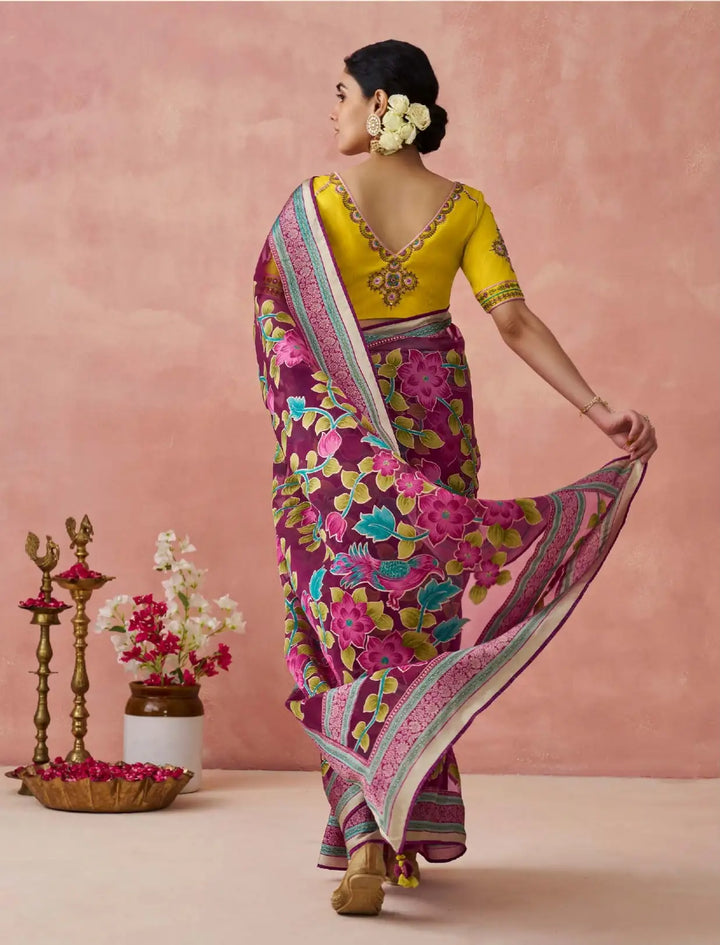 Trendy Wine Saree with Printed & Piping Work Blouse