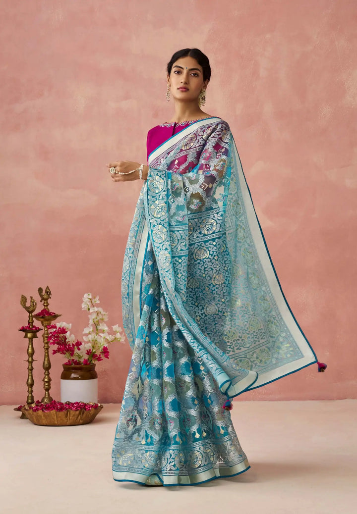 Soft Organza Saree in Sea Blue with Elegant Silk Blouse Combo