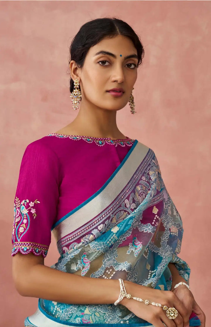 Soft Organza Saree in Sea Blue with Elegant Silk Blouse Combo