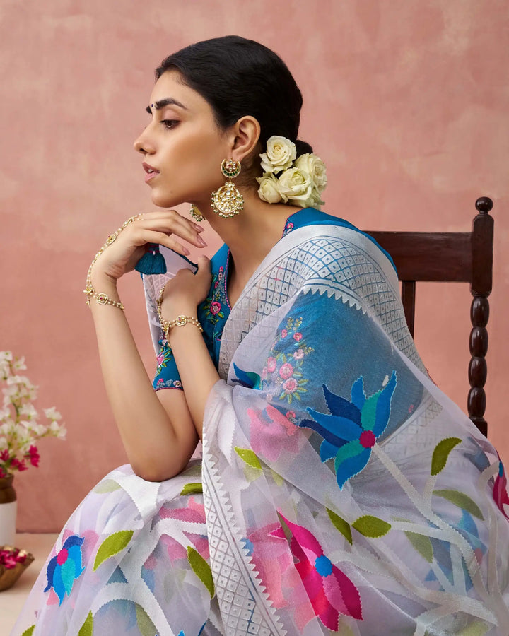 Premium Organza Saree in Blue with Stylish Printed Detailing