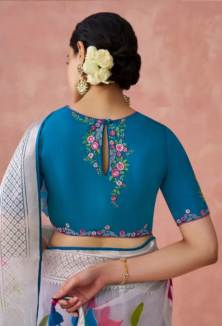 Premium Organza Saree in Blue with Stylish Printed Detailing