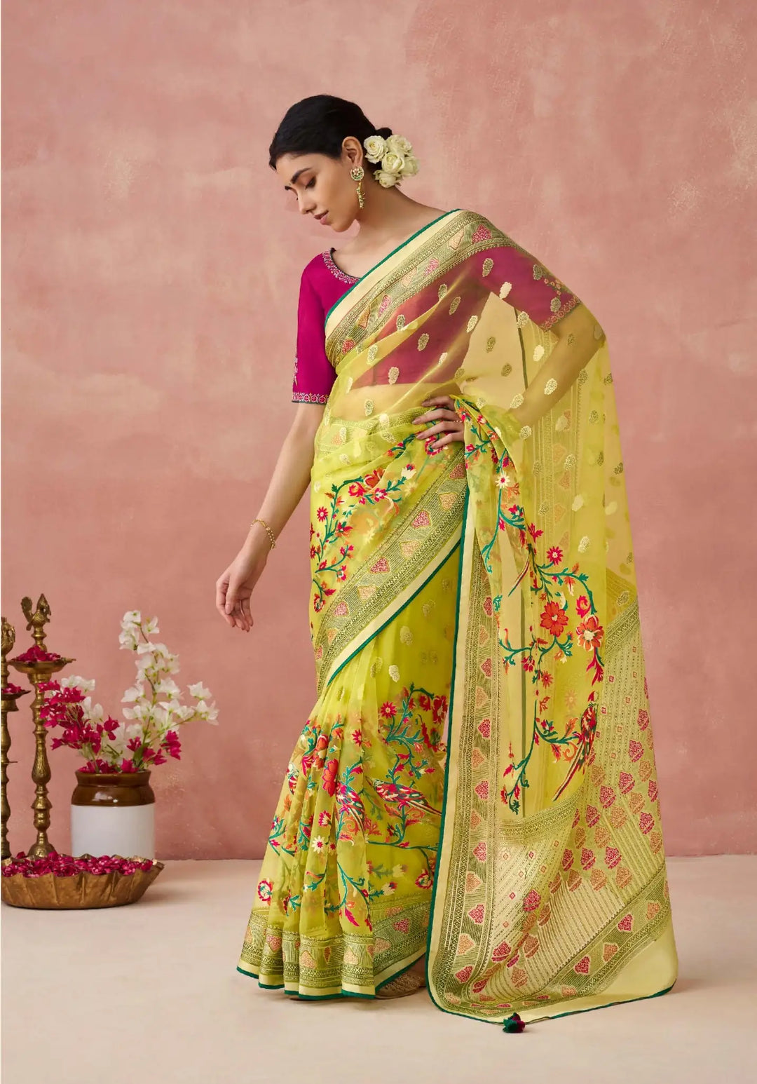 Chic Lime Organza Saree with Bold Printed Banglori Silk Blouse