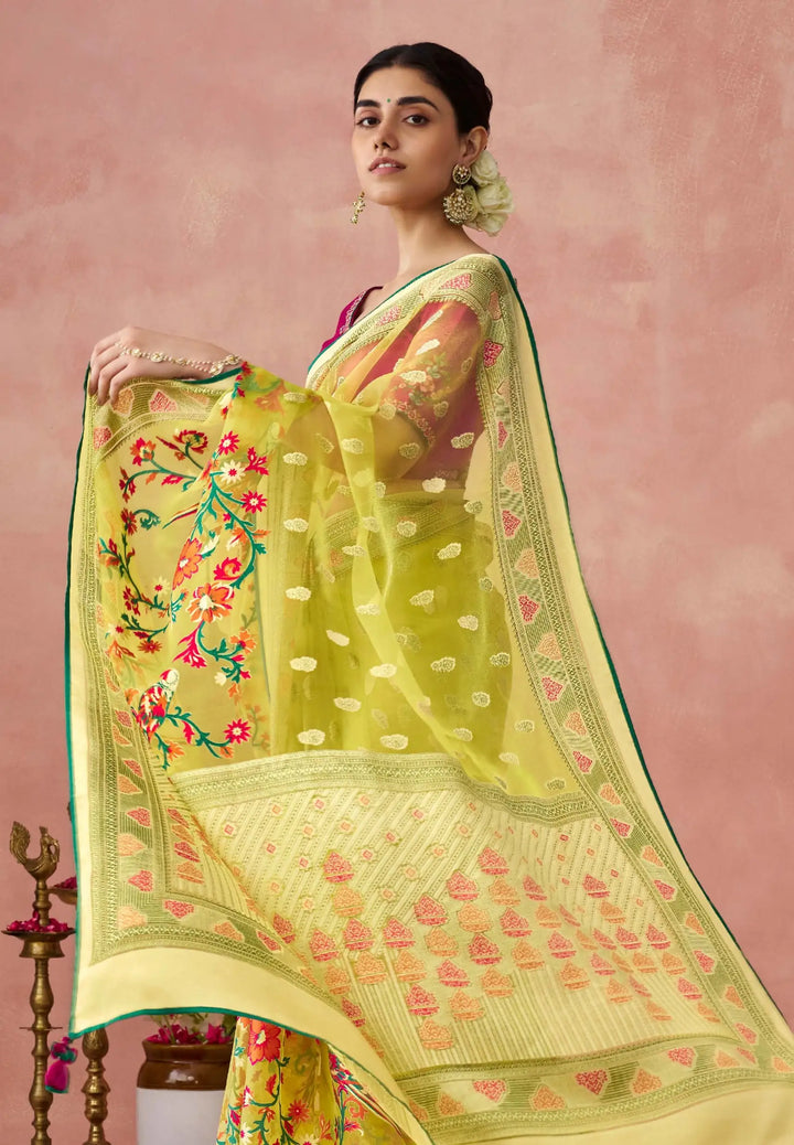 Chic Lime Organza Saree with Bold Printed Banglori Silk Blouse