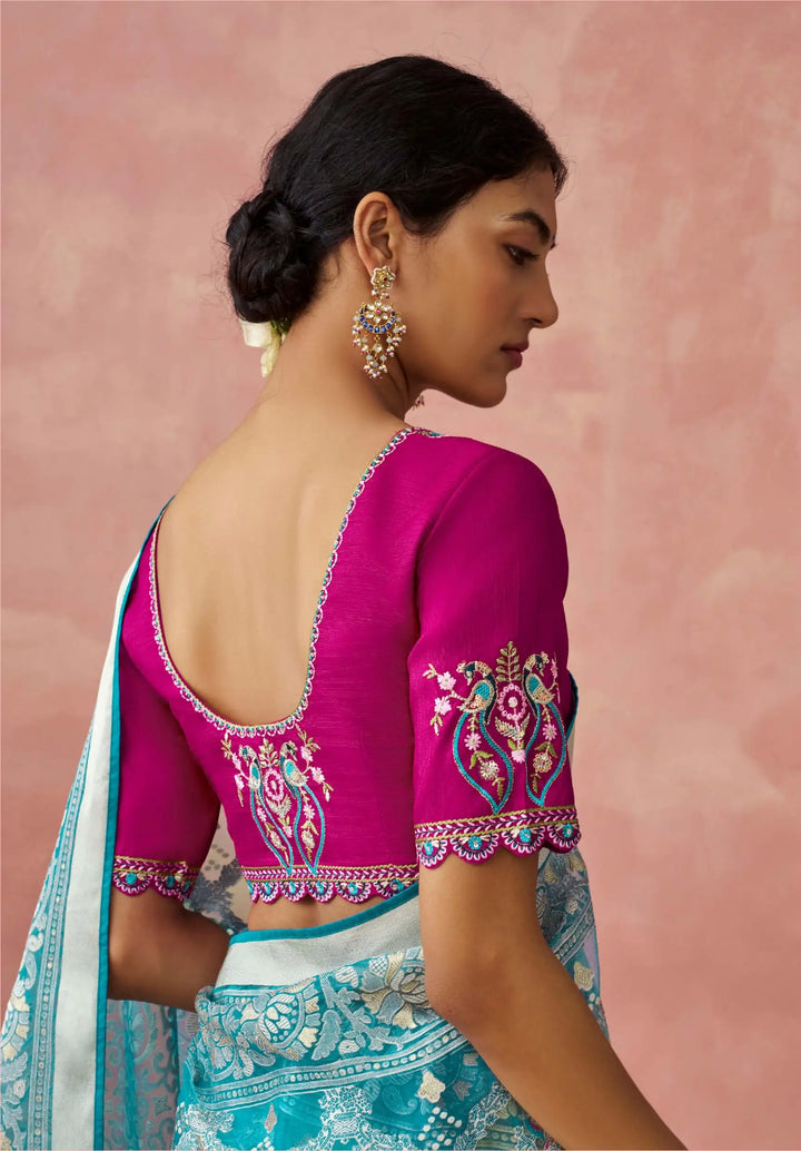 Soft Organza Saree in Sea Blue with Elegant Silk Blouse Combo