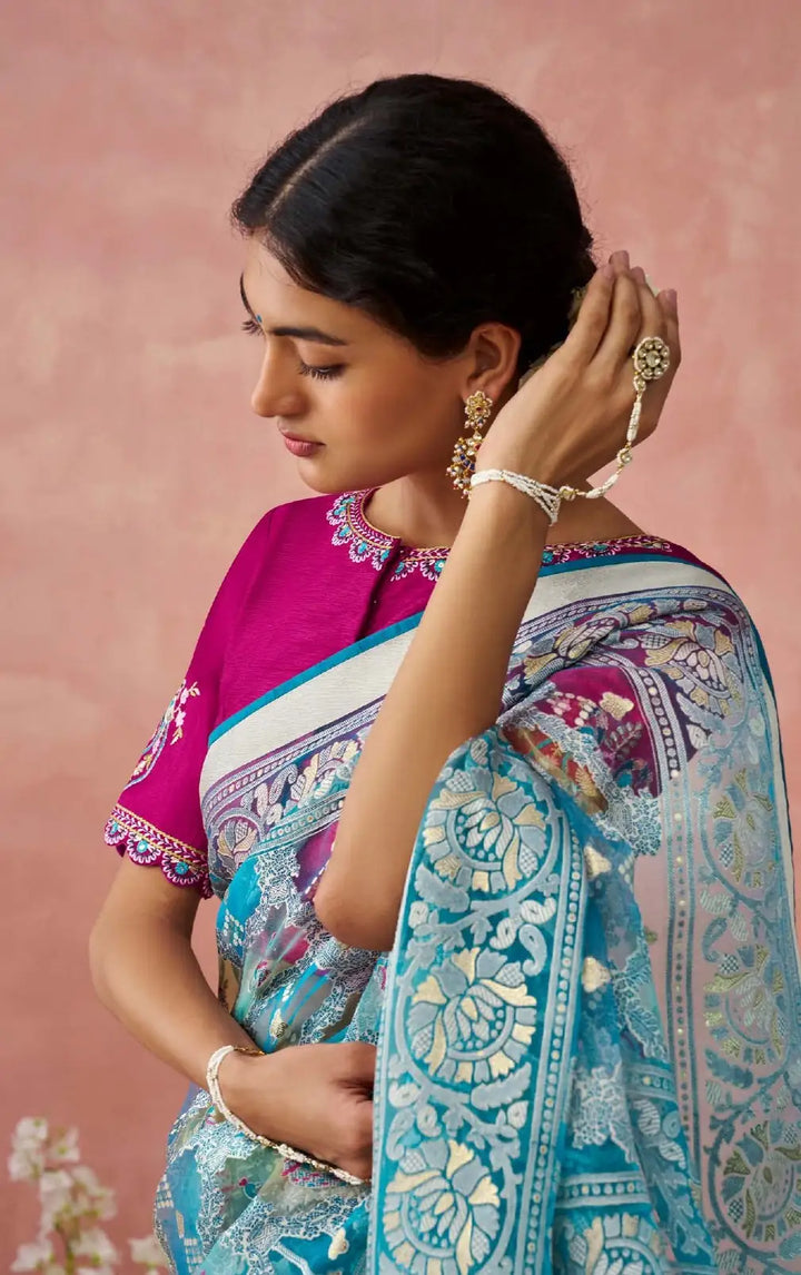 Soft Organza Saree in Sea Blue with Elegant Silk Blouse Combo