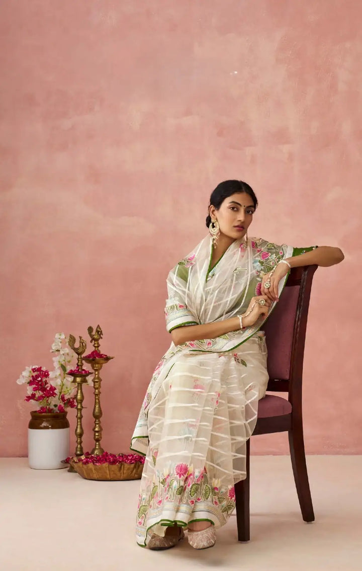 Off-White Printed Organza Saree with Banglori Silk Blouse