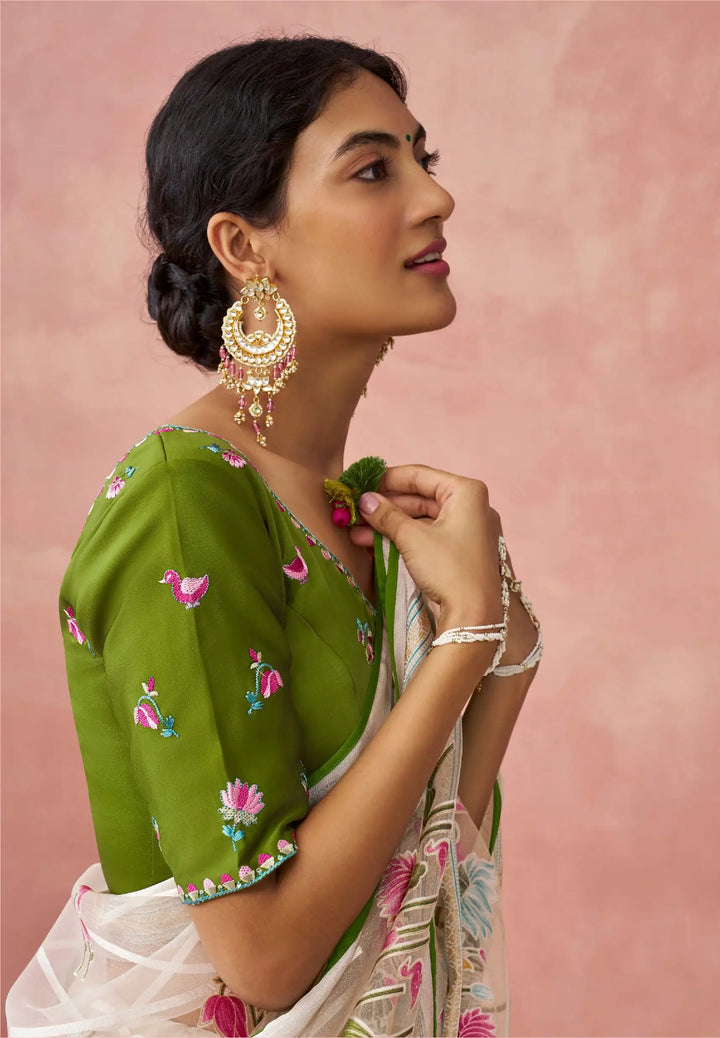 Off-White Printed Organza Saree with Banglori Silk Blouse