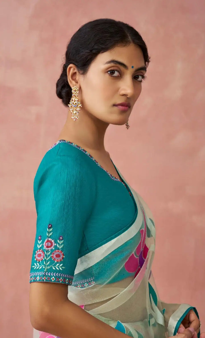 Ethnic Light Green Saree with Printed Detailing