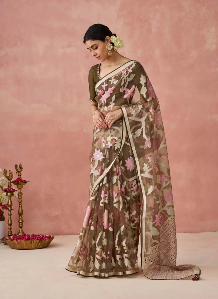 Stylish Organza Saree in Brown with Silk Blouse