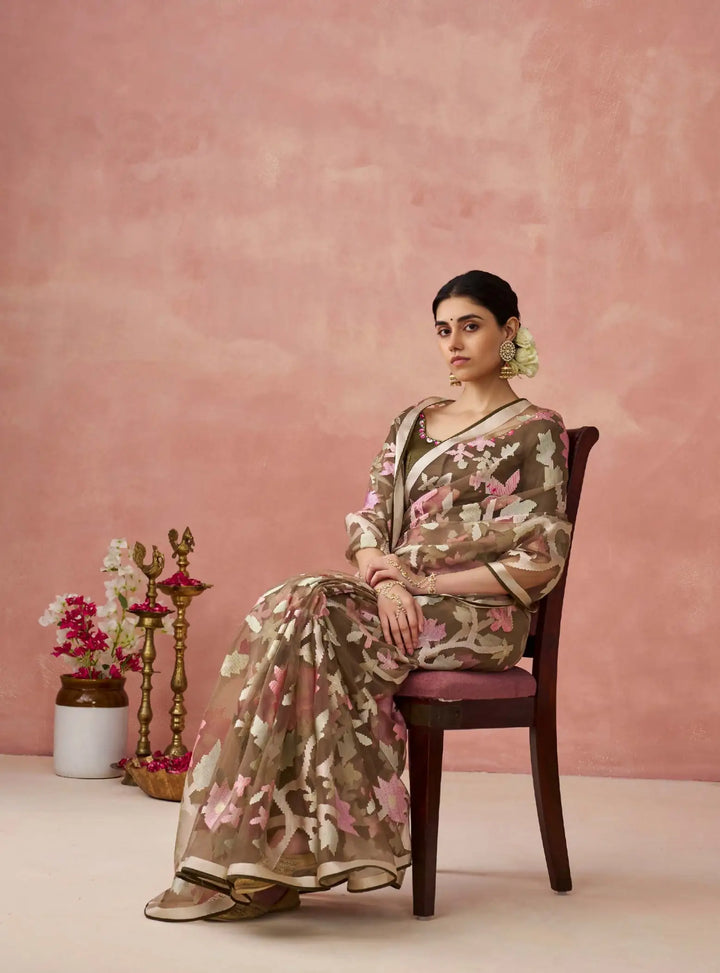 Stylish Organza Saree in Brown with Silk Blouse