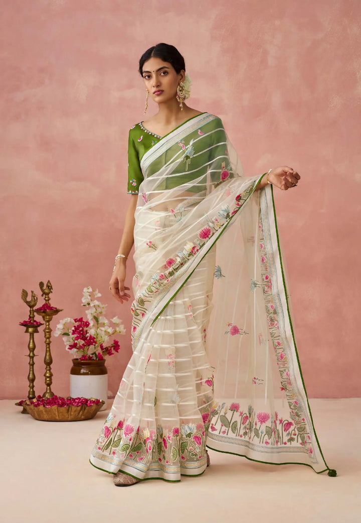 Off-White Printed Organza Saree with Banglori Silk Blouse