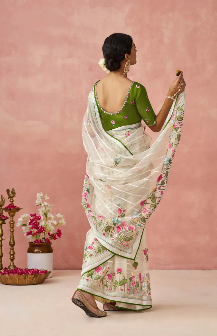 Off-White Printed Organza Saree with Banglori Silk Blouse