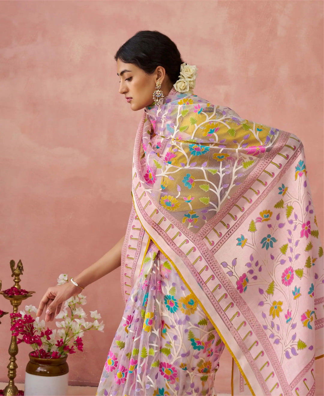 Organza Pink Saree with Printed & Piping Work – Festive Special