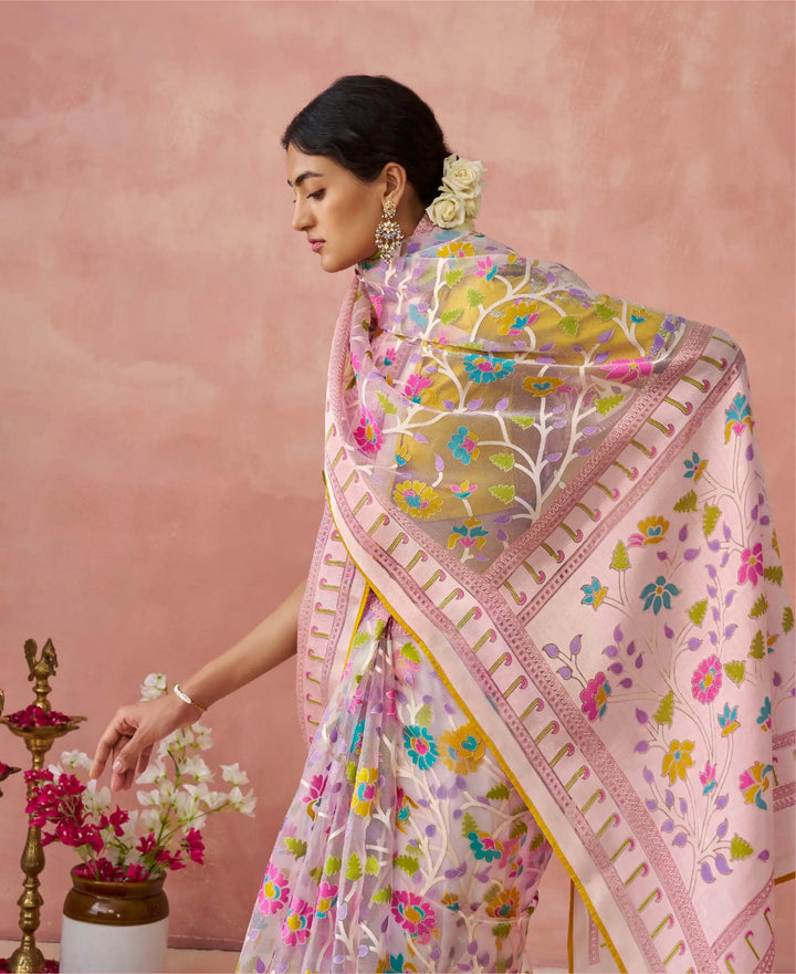 Organza Pink Saree with Printed & Piping Work – Festive Special